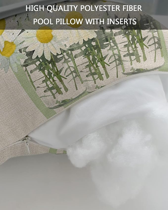 Outdoor Pillows Covers with Inserts Flowers White Daisy Leaves Green Stripe Retro Linen Waterproof Pillow with Adjustable Strap Throw Pillows for Patio Furniture Recliner Lounge Chair, 11" x 16", 1PCS