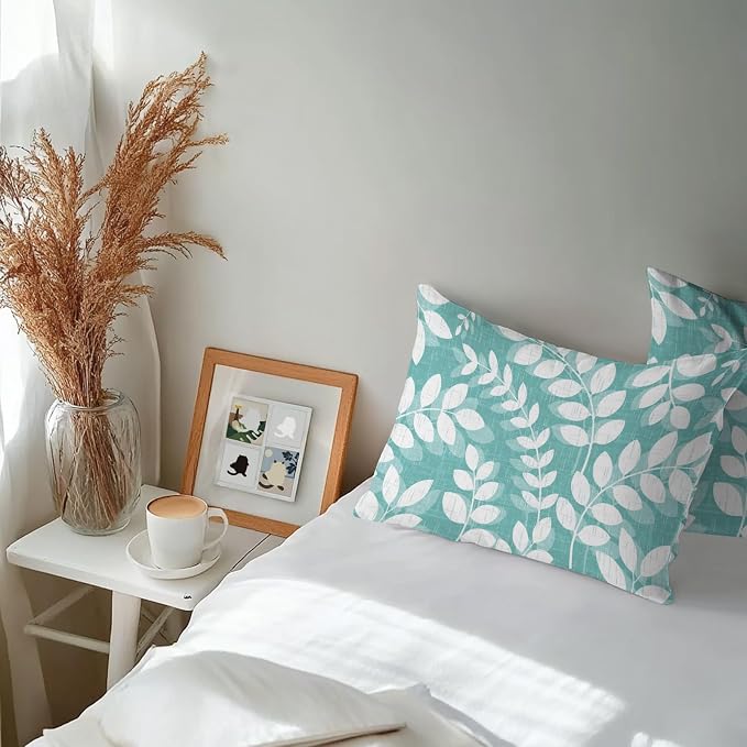 Teal Green Leaves Outdoor Waterproof Throw Pillow Covers 20x12 Set of 2, Farmhouse Botanical Branch Vintage Boho Leaf Decorative Pillowcases Cushion Pillowcase for Couch Sofa Patio Pillow Protector