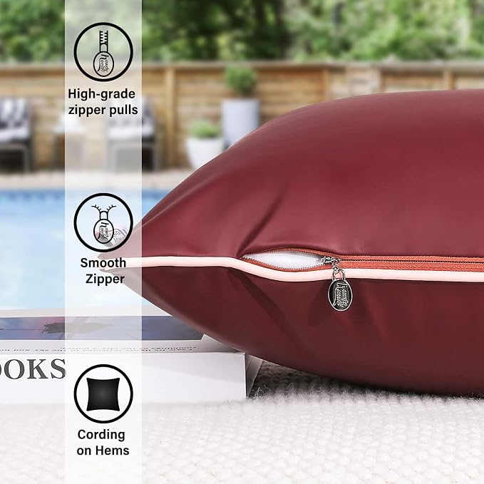 Pack of 2 Silicone Leather Outdoor Waterproof Pillow Covers 18x18 Inch Burgundy Outdoor Decorative UV Fade Resistant Pillows Cushion Case for Couch Patio Tent Sunbrella