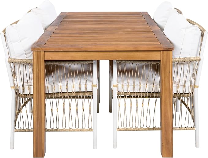 5-Piece Outdoor Patio Dining Set, All-Weather Acacia Wood 67''L Rectangular Dining Table with 4 Rattan Arm Chairs for Backyard, Garden, Poolside (Natural+R5)