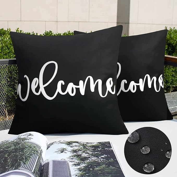 Merrycolor Pack of 2 Black and White Outdoor Waterproof Pillow Covers Welcome Outdoor Throw Pillow Covers Outdoor Pillows Covers for Patio Furniture Tent Balcony Couch Sofa （Welcome 20x20 Inch