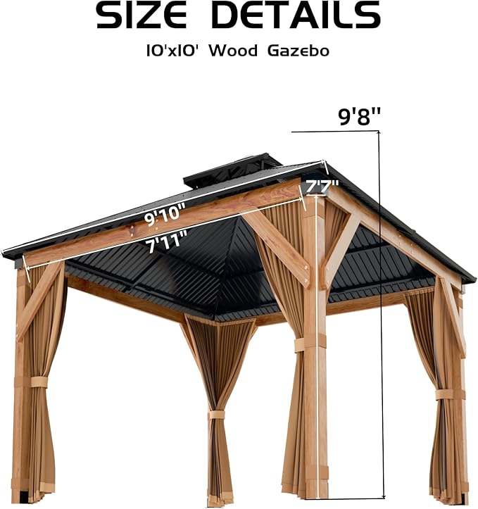 10'x10' Hardtop Wood Gazebo, Cedar Frame Outdoor Pavilion with Double Galvanized Steel Roof, Curtains and Netting Included, Ceiling Hook for Patio Backyard Deck Lawn Garden