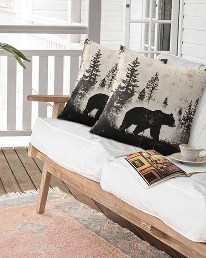 Outdoor Waterproof Throw Pillows Forest Brown Bear Silhouette Patio Pillows Pack of 2,Decorative Pillow Covers with Insert,Pillow Cushion Case for Garden Couch Sofa Minimalist Modern Art