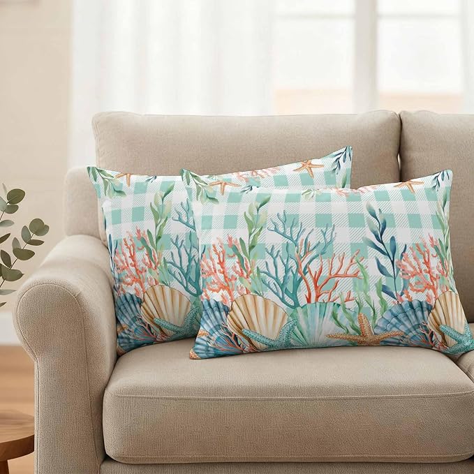 Lumbar Pillow Covers 20x12 Inch Set of 2, Summer Coastal Waterproof Outdoor Pillow Covers, Watercolor Corals Shells Starfish Green Plaid Decorative Cushion Pillowcases for Couch, Sofa, Bed, Patio