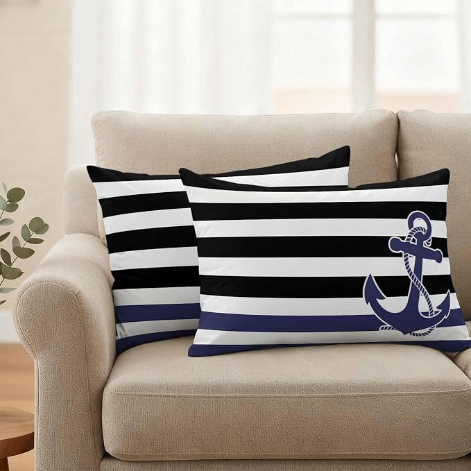 Lumbar Pillow Covers 20x12 Inch Set of 2, Anchor Black Waterproof Outdoor Cushion Covers, Modern Navy Blue White Striped Nautical Decorative Pillowcases for Couch, Sofa, Bed, Garden, Patio