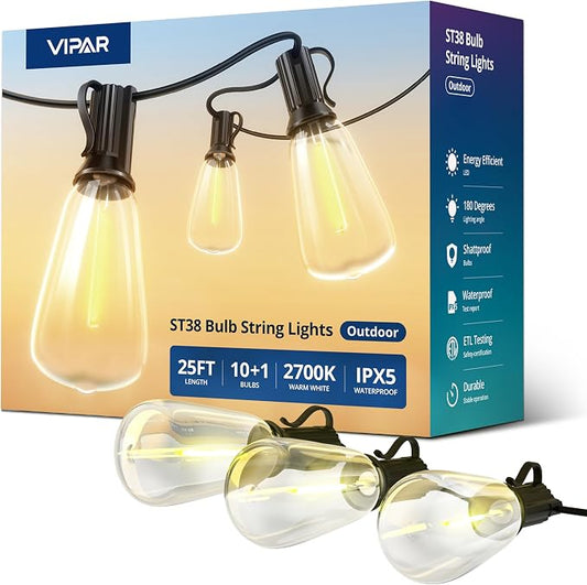 VIPAR Outdoor String Lights,25FT LED Patio Lights Waterproof 11 ST38 Bulbs | Shatterproof,Edison Outside Lights,Plug-In,2700K Dimmable, Connectable, Hanging Light for Porch Garden Backyard Deck Balcony