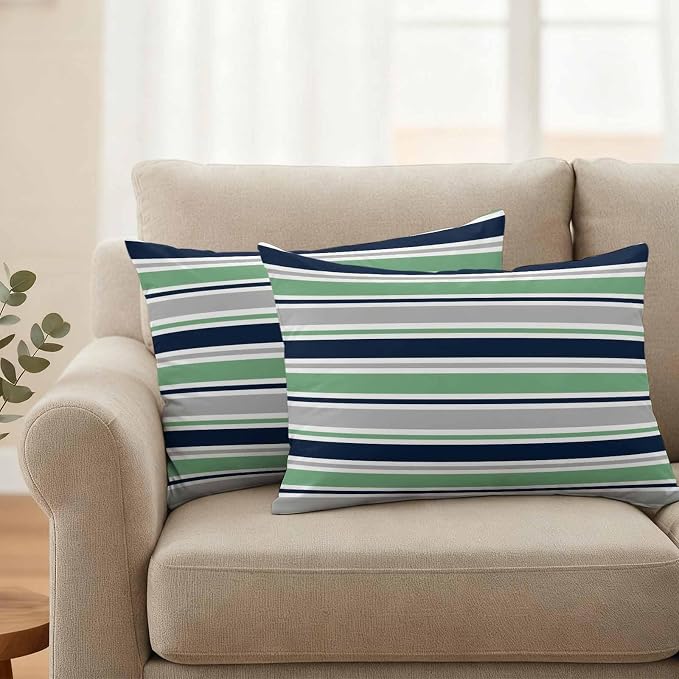 Green Grey Striped Outdoor Pillow Cover 12x20 Inch Cushion Sham Case, Farmhouse Stripes Modern Abstract Art Waterproof Decorative Square Throw Pillowcase for Outside Garden Patio Porch Couch Chair