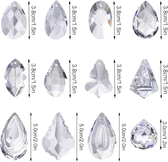 12 Pcs Clear Crystal Prism Pendants Chandelier Lamp Parts Suncatcher Decor | Clear Prism Pendants Chandelier Lamp Lighting Drops Suncatcher Hanging Ornaments for Window Garden Home Office Wedding Decor