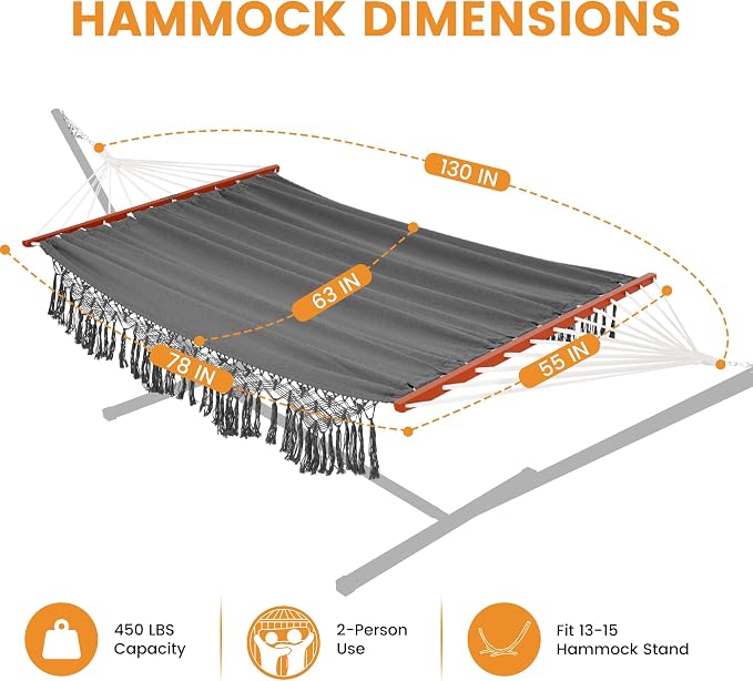 Lazy Daze Hammocks Cotton Fabric Double Hammock with 55" Spreader Bar, Portable Camping Hammock with Carrying Bag & Tree Straps for Patio, Backyard, Balcony, 450lbs Capacity, Dark Gray