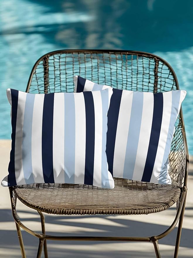 Outdoor Pillows Waterproof, Navy Blue Aqua Striped Bedding Throw Pillows with Insert for Couch Sofa Bed, Farmhouse Stripe Art 16x16 Inch Pillowcases Decorative Camping Patio Pillow Set of 2
