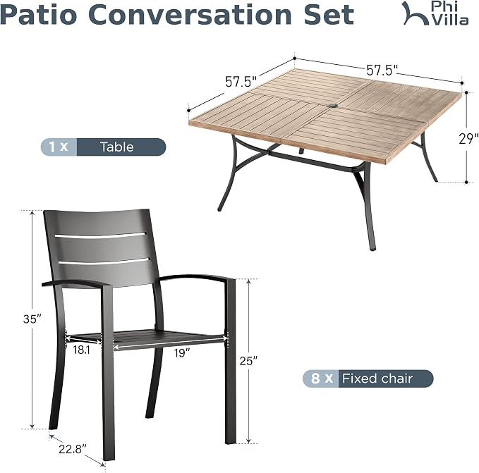 PHI VILLA 9 Pcs Outdoor Dining Set, 57.5" Square Brown Table | 57.5”Black Metal Table w/Umbrella Hole&Stackable Iron Chairs, Large Outside Furniture Set for Deck, Yard, Porch
