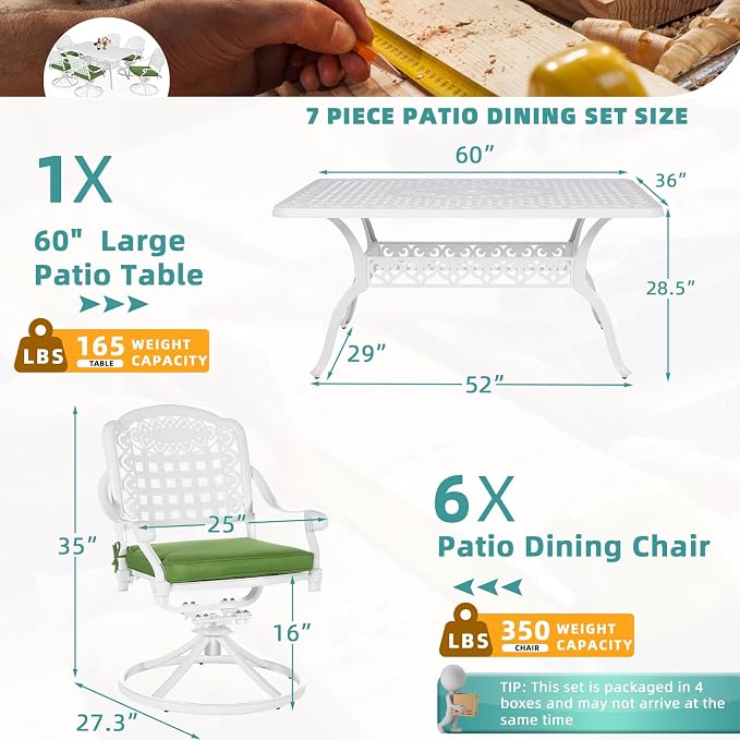 MEETWARM 7-Piece Outdoor Patio Dining Set, All-Weather Cast Aluminum Patio Conversation Set with 6 Cushioned Swivel Rocker Chairs for Backyard Garden Deck, 1 Rectangular Table, White