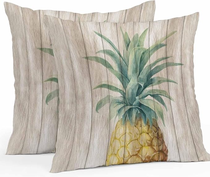 Vandarllin Outdoor Throw Pillows Covers 16x16 inch Set of 2 Waterproof Pineapple Decorative Zippered Cushion Covers for Patio Furniture, Summer Tropical Fruit Wood Lumbar Pillowcases