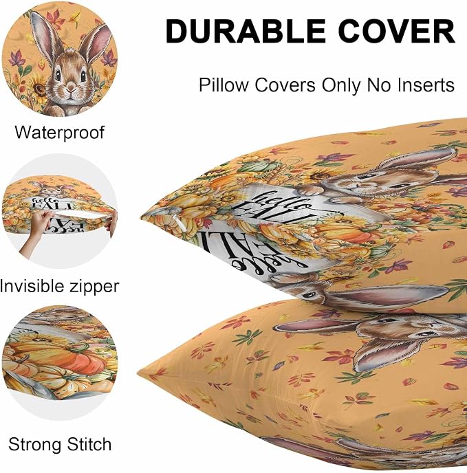 Thanksgiving Rabbit Outdoor Waterproof Pillow Covers, Orange Pumpkins Fall Leaves Flowers Decorative Square Throw Pillowcase Sofa Cushion Sham for Patio/Couch/Chair, 26"x26" 2 Pack