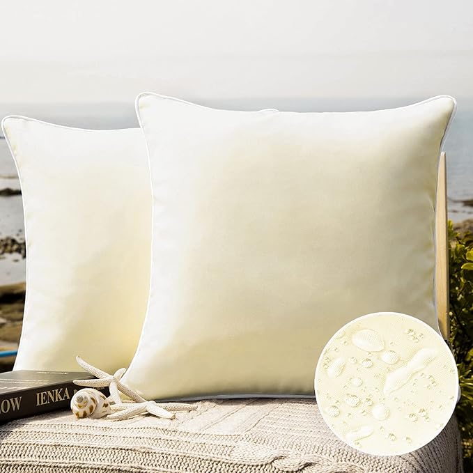 Phantoscope Pack of 2 Outdoor Waterproof Solid Throw Decorative Pillow Cover Decorative Square Outdoor Pillows Cushion Case Patio Pillows for Couch Tent (18''x18'', Cream Cheese)