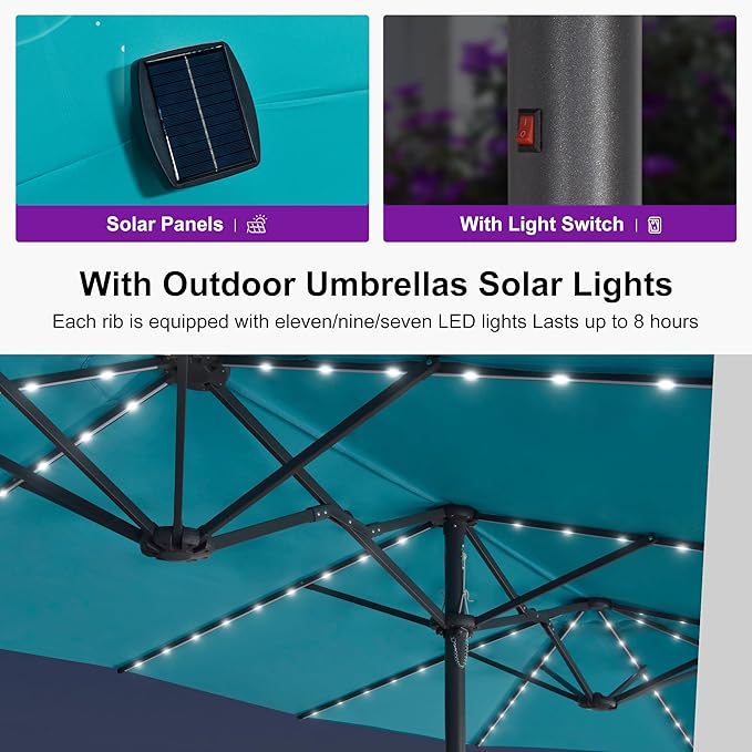 PURPLE LEAF 14ft Patio Umbrella with Solar Lights Outdoor Double-Sided Market Umbrella with Base Included Rectangle Table Umbrella for Pool Garden Backyard, Turquoise
