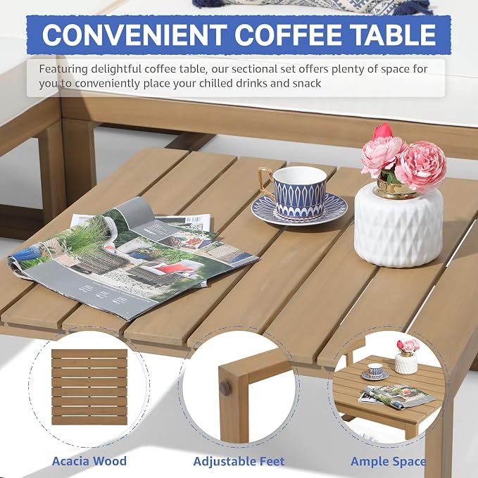 Soleil Jardin 4 Piece Acacia Wood Patio Furniture L-Shaped Outdoor Sectional Sofa Set with Coffee Table, FSC Certified Conversation Set with Built-in Side Table and Cream White Cushions for Garden