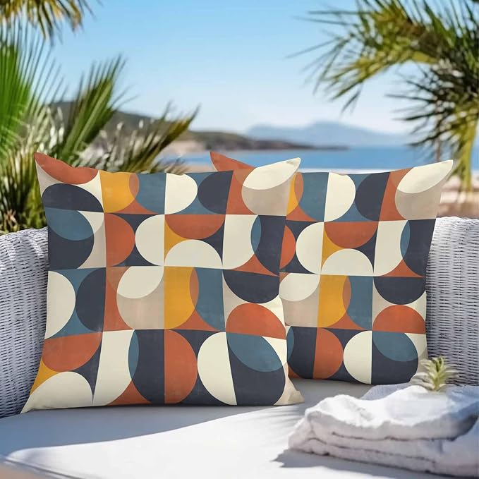 Vandarllin Outdoor Throw Pillows Covers 16x16 inch Set of 2 Waterproof Mid Century Geometric Decorative Zippered Cushion Covers for Patio Furniture, Abstract Modern Lumbar Pillowcases