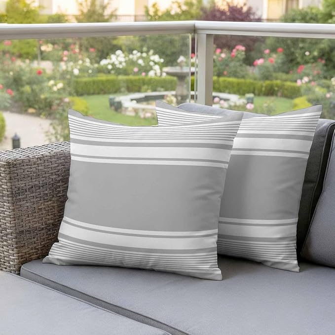Outdoor Waterproof Throw Pillow Covers, Grey Striped Decorative Pillow Cases, Modern Color Block Farmhouse Stripes Couch Pillow Protector Patio Sofa Cushion Covers Replacement 20"x20" 2 Pack
