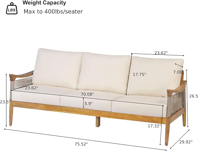 Christopher Knight Home Heidi Acacia Wood 5 Piece Patio Furniture Set 7-Seater Outdoor Loveseat, 3-Seater Sofa, Club Chairs and Coffee Table, Patio Conversation Set With Woven Rope Accents, Teak+Beige