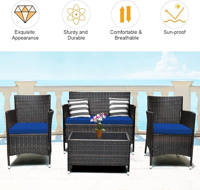 COSTWAY 4PCS Rattan Patio Furniture Set | Outdoor Wicker Rattan Chairs with Coffee Table, Rattan Cushioned Conversation Set for Backyard Balcony Porch Poolside, Navy