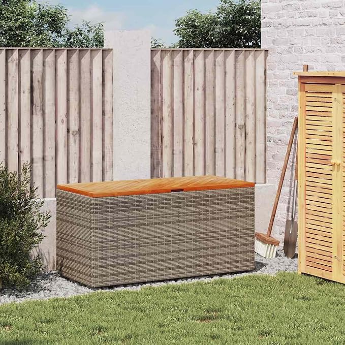 Outdoor Storage Bench with Cushion Storage, 43.3" Patio Furniture, PE Rattan & Acacia Wood, Gray Garden Seat Box for Pillows Blankets Toys, Durable Weather-Resistant Deck Box with Gas Spring