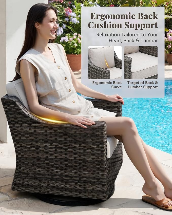 Patio Furniture Set 5 Pieces Luxury Outdoor Swivel Rocker Chairs and Ottomans, Easy Assembly Conversation Set for Porch Deck Balcony Yard in Gray Wicker and Beige Cushions