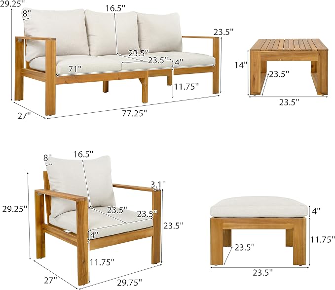 Outdoor 5pcs Acacia Wood Sectional Sofa Set, All-Weather Conversation Set with Coffee Table and Removable Cushion, Patio Seating for Garden Backyard Poolside Balcony