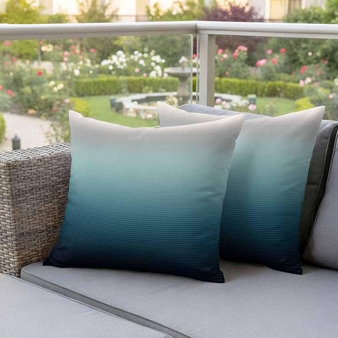 Waterproof Pillow Covers Set of 2,Black Teal and Gray Color Ombre Outdoor Pillow Protectors with Zipper Pillowcases for Patio Tent Garden Beach 20x20 Inches Modern Abstract Stripe Art