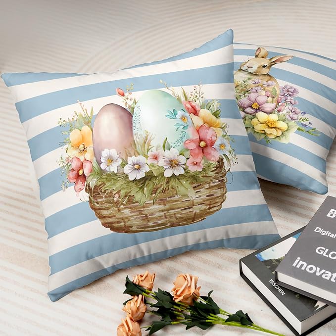 Striped White and Blue Easter Bunny Pillow Covers 16x16 Egg Pink Flower Pillows Cases Cute Bunny Pillow Covers Spring Holiday Decor for Indoors Couch Living Room in 2 Pcs