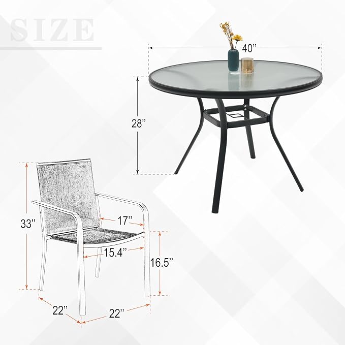 Anmutig 5-Piece Outdoor Patio Dining Set, 40-Inch Round Glass Table with 4 Stackable Chairs,Beige Grey