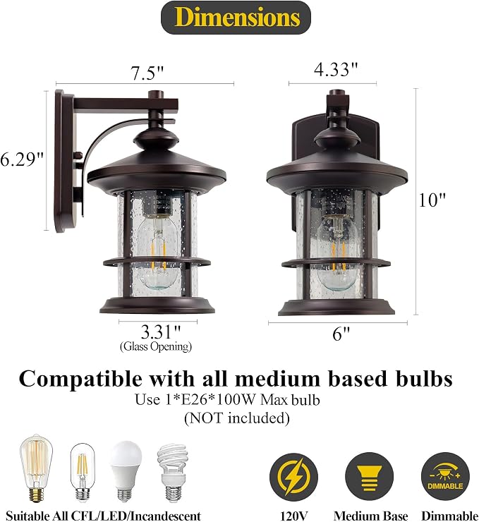 MICSIU 2 Pack Oil Rubbed Bronze Outdoor Wall Light, 10 Inch Rustic Cottage | Max 100W Metal Round Exterior Sconce with Clear Seedy Glass, WaterWroof Porch Light for Entryway, Garage, Bathroom