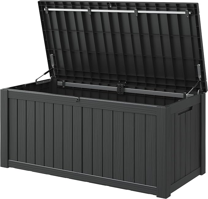 NUNU LAB 120 Gallon Outdoor Storage Box, Large Resin Deck Box with Lockable Lid, Waterproof Patio Storage Bench, Outdoor Cabinet for Garden Tools, Cushions & Pool Accessories