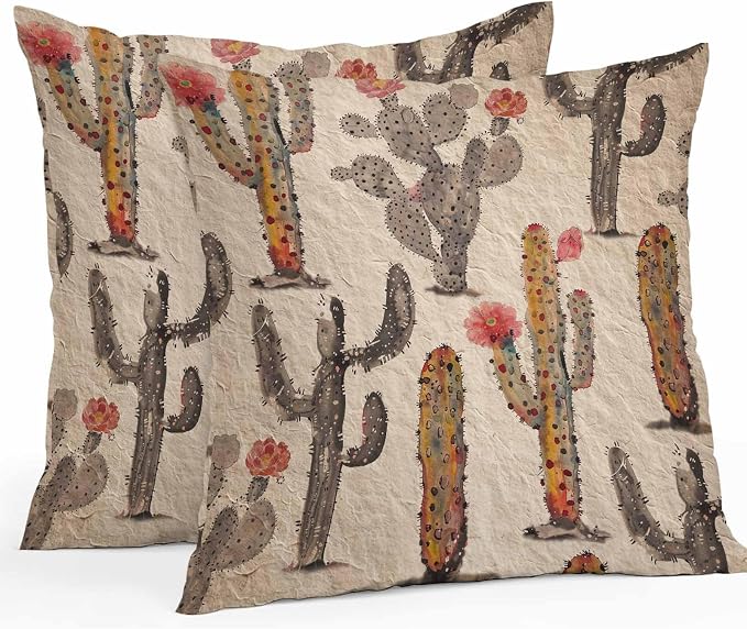 Vandarllin Outdoor Throw Pillows Covers 26x26 inch Set of 2 Waterproof Watercolor Cactus Decorative Zippered Cushion Covers for Patio Furniture, Abstract Floral Desert Lumbar Pillowcases