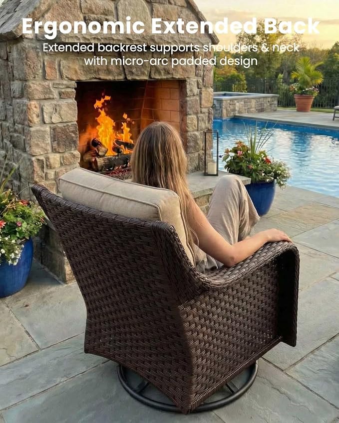 3 Pieces Outdoor Furniture Set with 6-inch Cushions, High Back Wicker Swivel Rocker Chairs with Coffee Table, Luxury Conversation Set for Deck Patio and Poolside