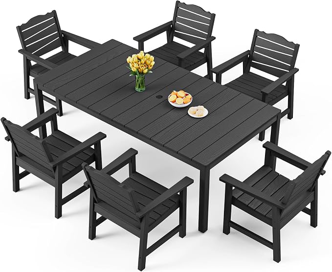 7-Piece Patio Dining Sets, Outdoor Dining Table w/Aluminum Frame and 6 Chairs, Weatherproof HIPS Dining Furniture Set with Umbrella Hole, for Backyard, Garden, Lawn, and Poolside, Black