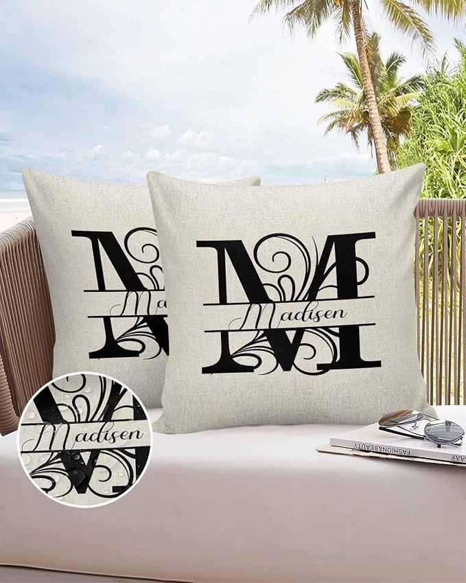 Personalized Gifts for Women/Men, Custom Pillow Case with Name Outdoor Waterproof Pillowcase, Letter M Customized Pillow Cases for Patio, Monogram Words Customs Pillow Cover 18" x 18", 2 Pcs