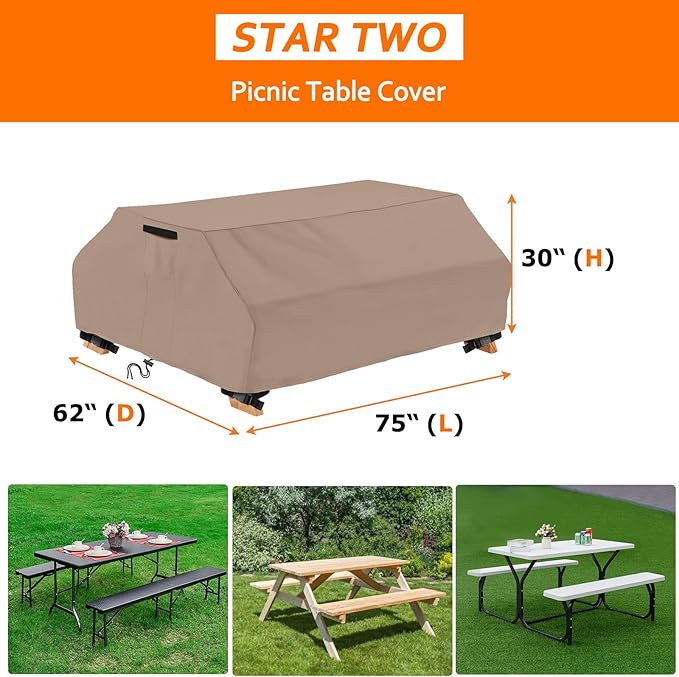 STARTWO Waterproof Picnic Table Cover Outdoor Patio Table Bench Covers for Picnic Table Bench Set Windproof (6Ft-70/72in（Brown）)