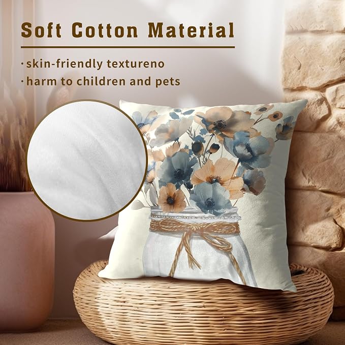 Watercolor Flower Throw Pillow Covers 16 x 16 Inches Set of 2,Cream Grey Brown Floral Poppy Mason Jar Farmhouse Decor Pillowcase Cushion Cover for Home Living Room Bed Sofa Car