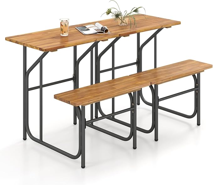 Tangkula Patio Dining Bench Set for 2, Heavy-Duty Outdoor Acacia Wood Dining Furniture with Metal Legs for Balcony, Backyard, Poolside, Garden (2,32” x 27.5” x 29.5”)