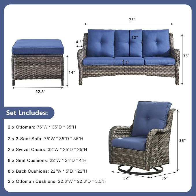 Rilyson Wicker Patio Furniture Set - 6 Piece Rattan Outdoor Sectional Conversation Sets with 2 Rocking Swivel Chairs,2 Ottomans and 2 Sofa for Porch Deck Garden(Mixed Grey/Blue)