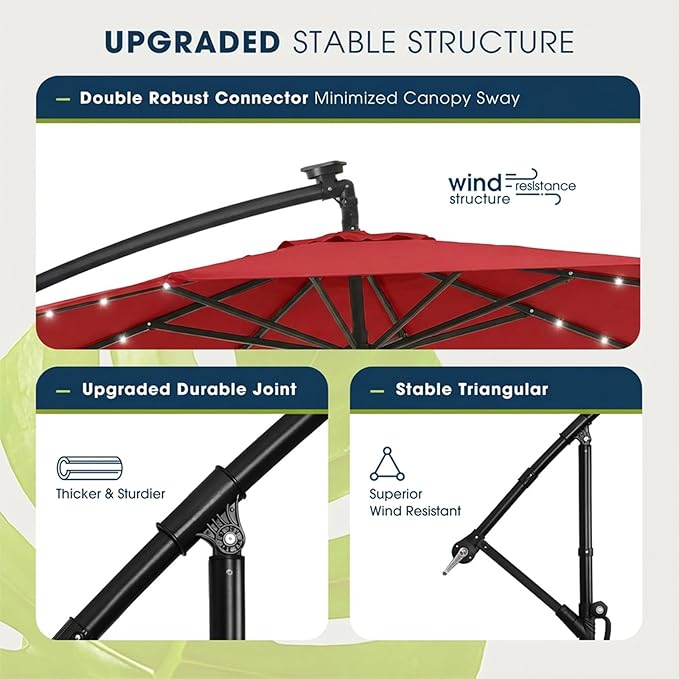 wikiwiki 10ft Solar LED Offset Patio Umbrella, Outdoor Cantilever Patio Umbrellas with Solor Lights for Backyard, Poolside and Garden, Easy Tilt Adjustment, Polyester Shade, Bright Red