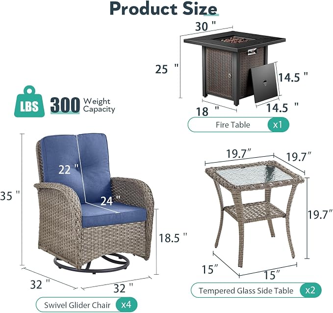 7 Piece Patio Furniture Set with Fire Pit Table - Wicker Patio Conversation Set with 4 Swivel Glider Chairs and 2 Tempered Glass Side Tables for Deck Backyard - Grey Wicker Blue Cushion
