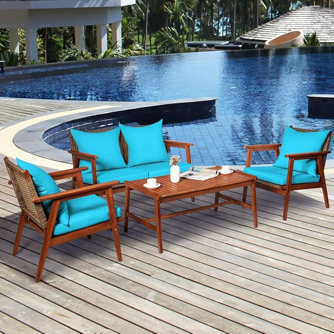Tangkula 8 PCS Patio Wood Sofa Set, Outdoor Acacia Wood Seating Chat Set with Cushions & Coffee Table, Sectional Conversation Sofa Set for Garden, Backyard, Poolside (2, Turquoise)