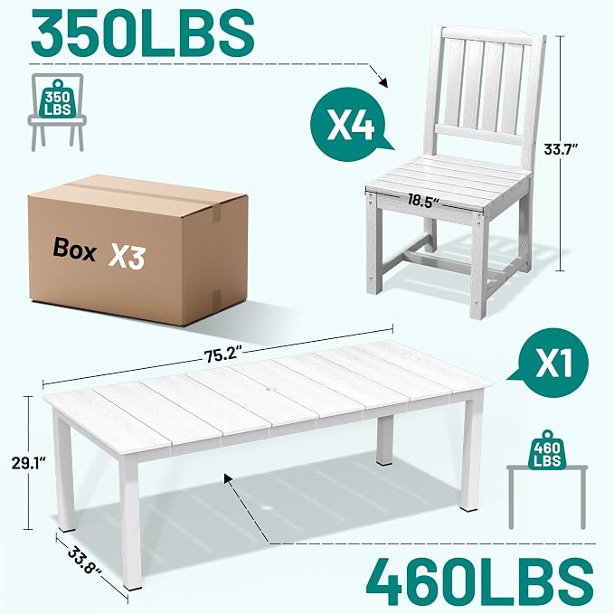 PLUUV 5-Piece Outdoor Dining Set – HDPE Patio Furniture with Aluminum Table, Umbrella Hole, and 4 Armless Chairs, All-Weather Resistant for Garden & Backyard, White