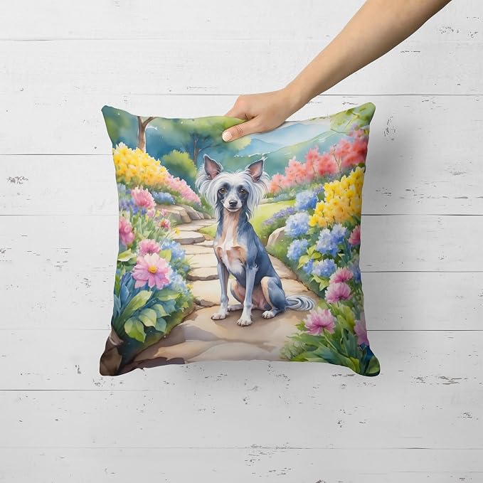 Caroline's Treasures Chinese Crested Spring Path Throw Pillow Machine Washable, Indoor Outdoor Decorative Pillow for Couch, Bed or Patio, 18Hx18W