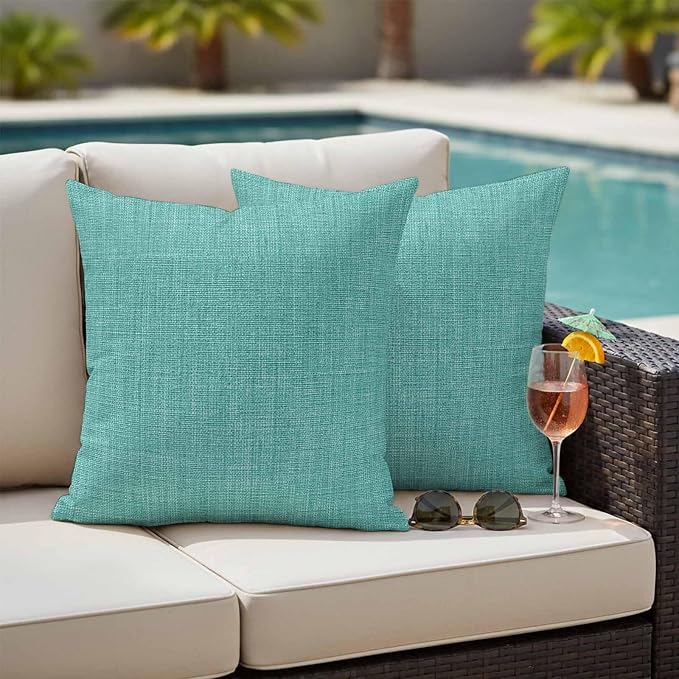 Outdoor Waterproof Throw Pillow Covers Set of 2 Turquoise Linen Pillowcases 18x18 Inches Farmhouse Pure Color Decorative Pillows Cushion Case Patio Pillows for Couch Bed Chair Garden