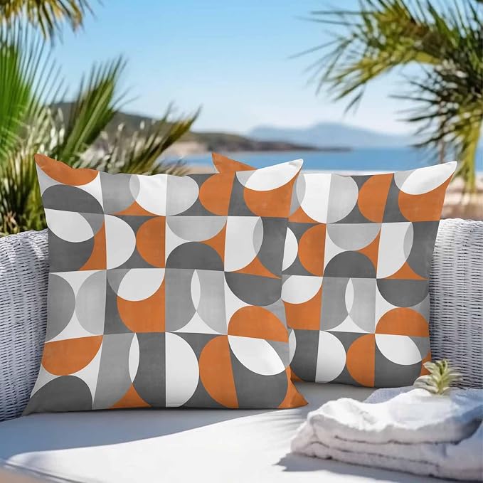 Vandarllin Outdoor Throw Pillows Covers 20x20 inch Set of 2 Waterproof Mid Century Geometric Decorative Zippered Cushion Covers for Patio Furniture, Abstract Modern Orange Lumbar Pillowcases