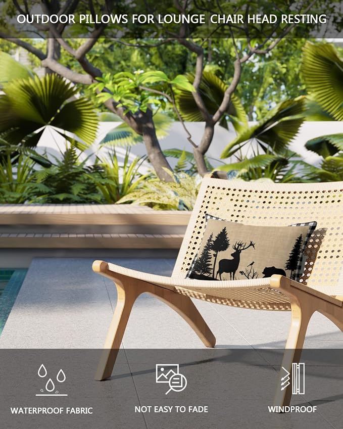 Outdoor Pillows Covers with Inserts Christmas Animal Moose Elk Xmas Tree Waterproof Recliner Pillow with Adjustable Strap Throw Pillows for Patio Furniture Pool Lounge Chair, 12x20 inch, 2PCS
