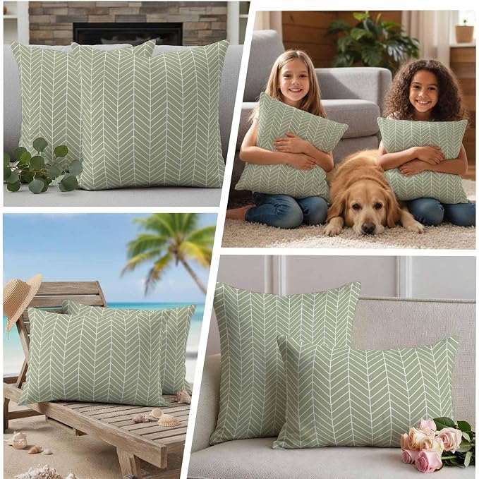 Outdoor Waterproof Throw Pillow Covers Set of 2 Sage Green Chevron Stripes Pillowcases 18x18 Inches Modern Geometric Texture Decorative Pillows Cushion Case Patio Pillows for Couch Bed Chair Garden